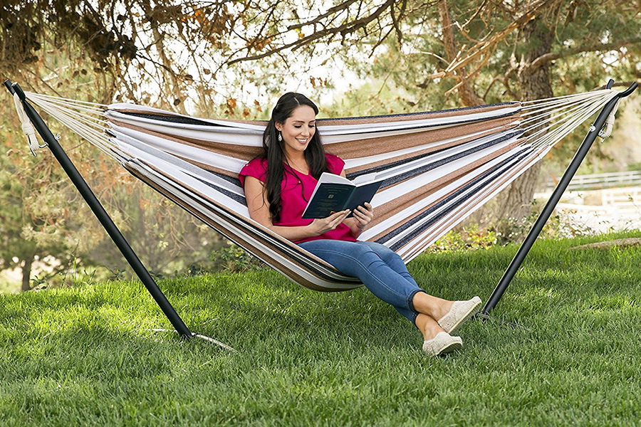 FaFurn - Portable Stripe Cotton Hammock with Metal Stand and Carry Case