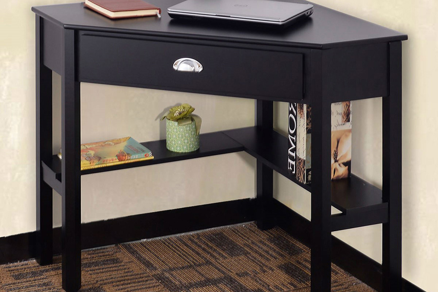 FaFurn - Corner Black Wood Computer Desk with Drawer