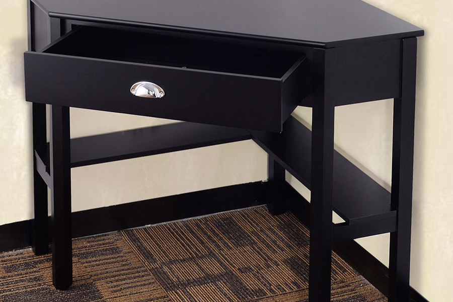 FaFurn - Corner Black Wood Computer Desk with Drawer