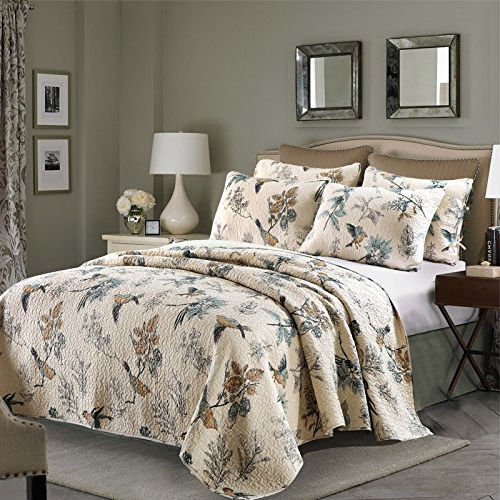 FaFurn 3-Piece King Size Bedspread Set with Floral Birds Pattern - Cotton