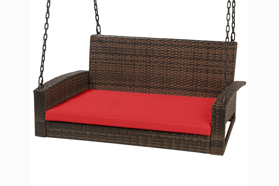 FaFurn - Brown Wicker Hanging Patio Porch Swing Bench with Mounting Chains and Red Seat Cushion