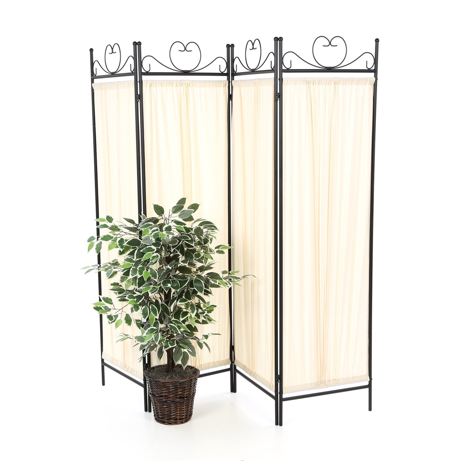 FaFurn - 4-Panel Room Divider with Fabric Screen in Black, Metal