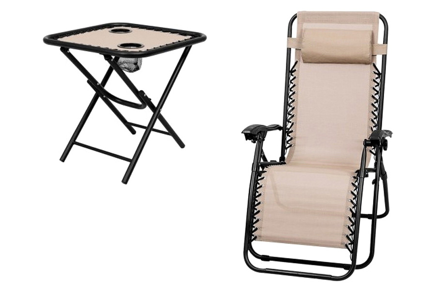 FaFurn - 3 Piece Folding Portable Reclining Lounge Chairs Table Set Tan