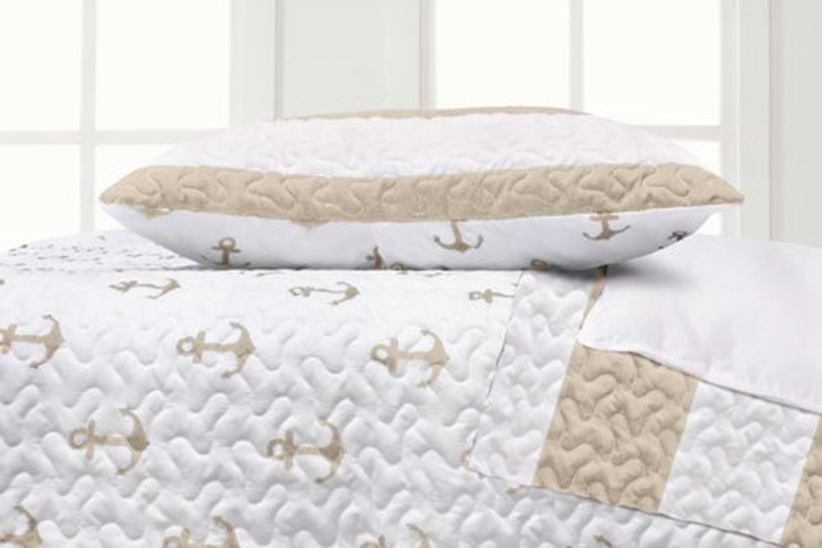 FaFurn 3 Piece Nautical Stripped/Anchors Reversible Microfiber Quilt Set - Beige, Full/Queen Size