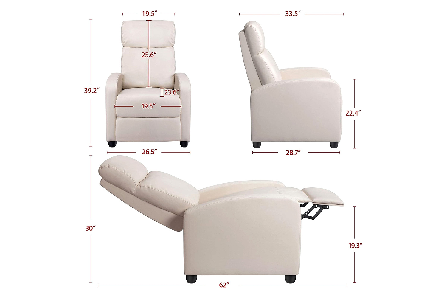 FaFurn™ High-Density Faux Leather Push Back Recliner Chair - Off White