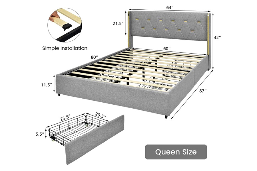 FaFurn Linen Headboard 4 Drawer Storage Platform Bed - Gray/Gold, Queen Size