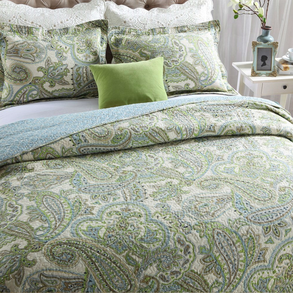 FaFurn - 3-Piece Queen Size Quilt Set with Paisley Pattern in Green, Cotton