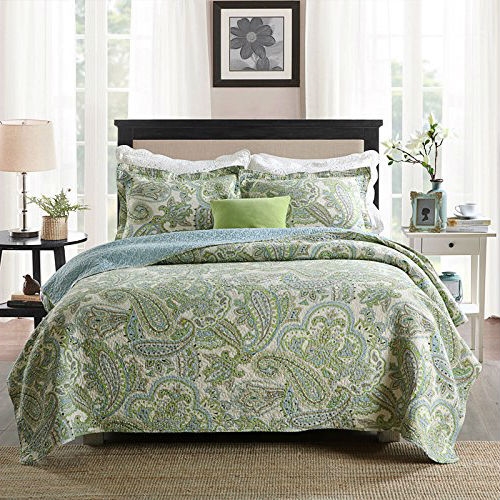 FaFurn - 3-Piece Queen Size Quilt Set with Paisley Pattern in Green, Cotton