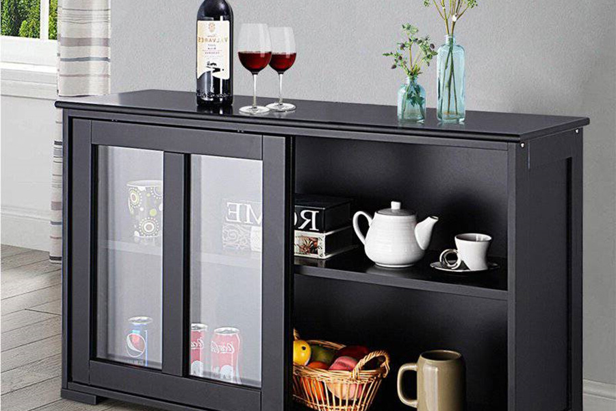 FaFurn Sideboard Buffet Dining Storage Cabinet with 2 Glass Sliding Doors - Black