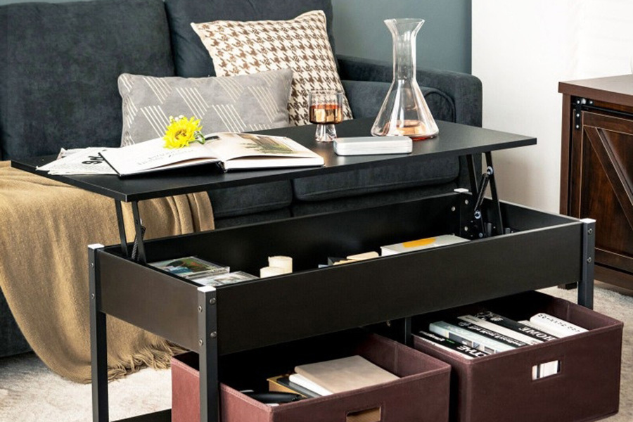 FaFurn™ Farmhouse Lift-Top Multi Purpose Coffee Table with 2 Storage Drawers Bins - Black