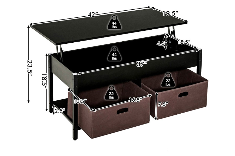 FaFurn™ Farmhouse Lift-Top Multi Purpose Coffee Table with 2 Storage Drawers Bins - Black