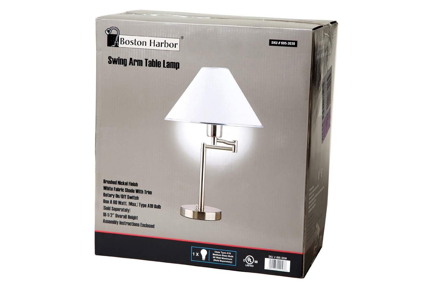 FaFurn - Sing Arm Table Lamp in Brushed Nickel and White Fabric Shade