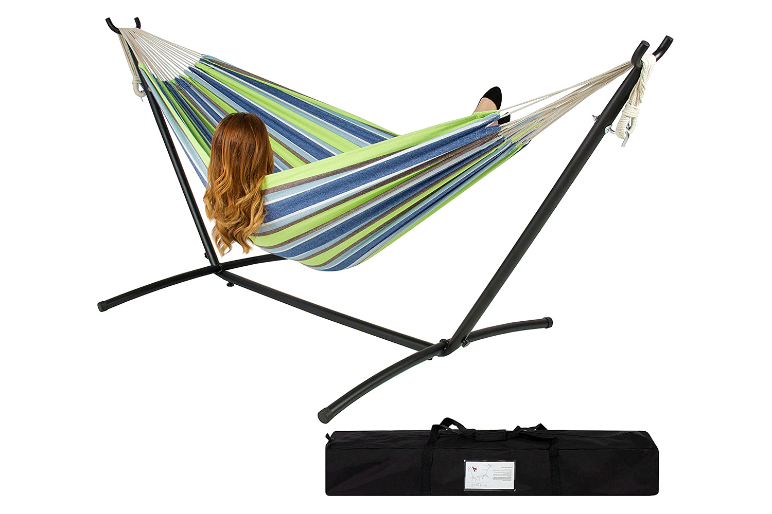 FaFurn - Portable Stripe Cotton Hammock with Metal Stand and Carry Case