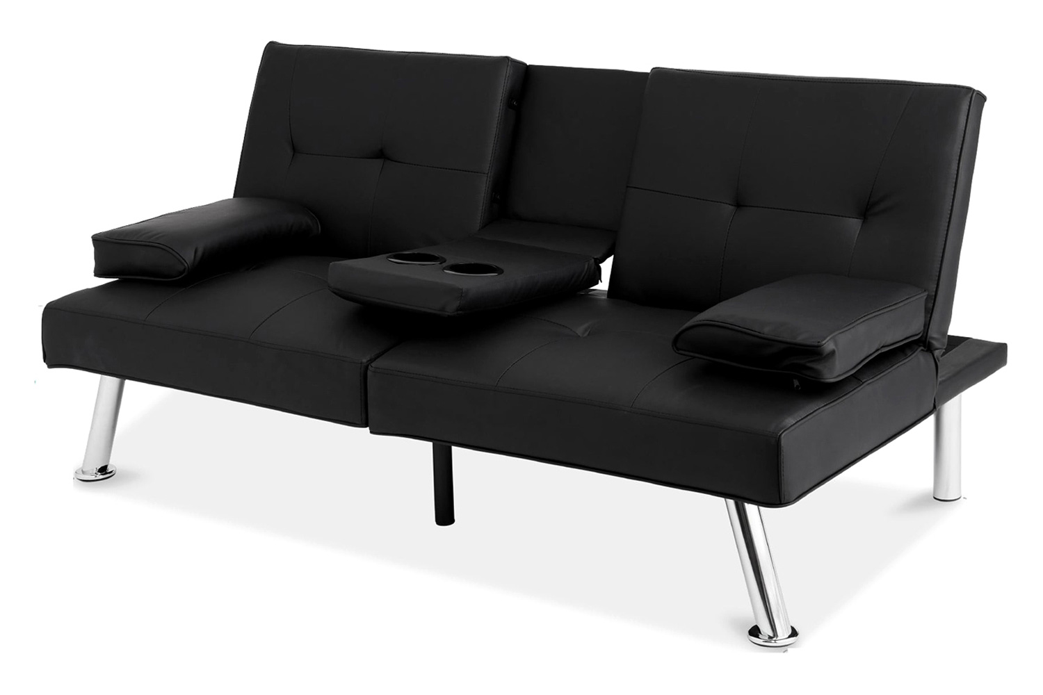 FaFurn Faux Leather Convertible Sofa Futon with 2 Cup Holders - Black