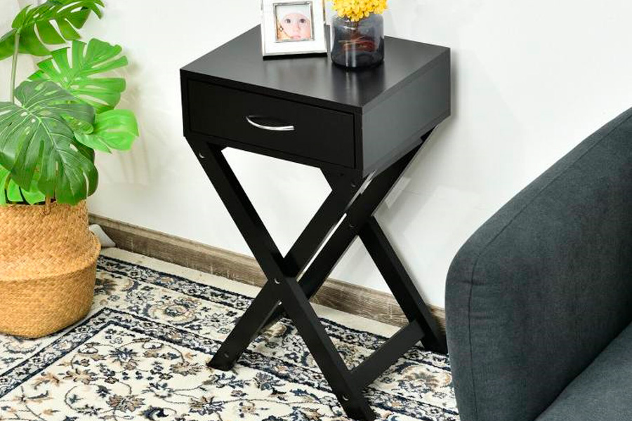 FaFurn™ X-Shape 1 Drawer End Table with D-Shape Handle - Black, Wood