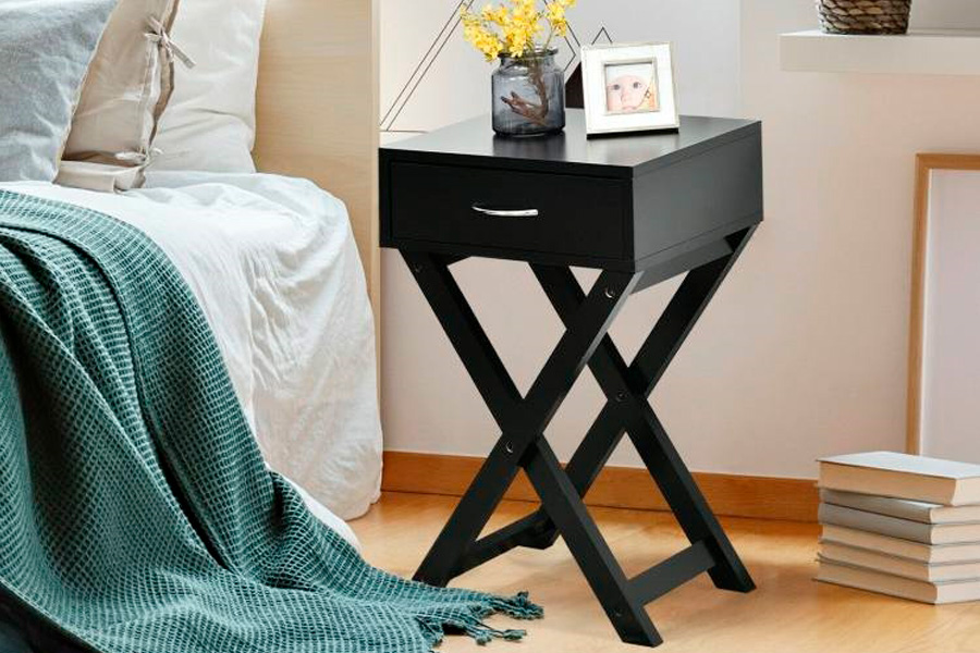 FaFurn™ X-Shape 1 Drawer End Table with D-Shape Handle - Black, Wood