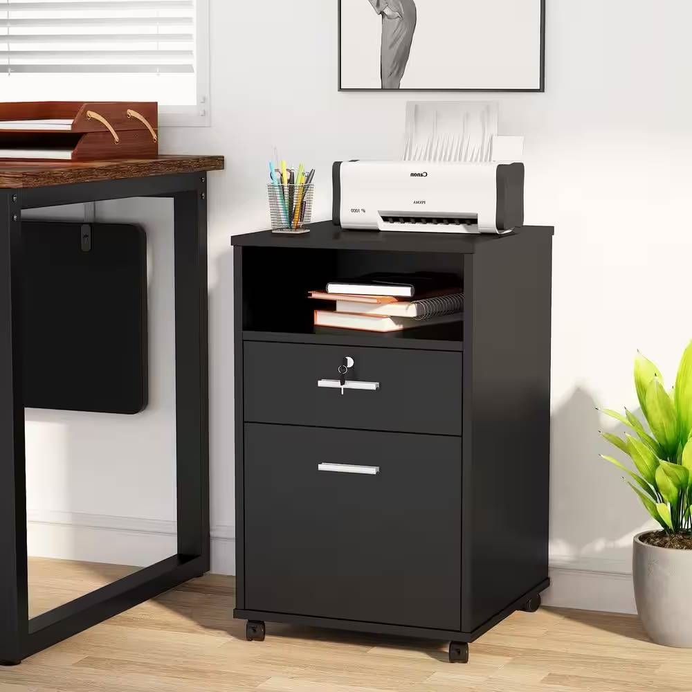 FaFurn 2-Drawer Printer Stand on Wheels - Black