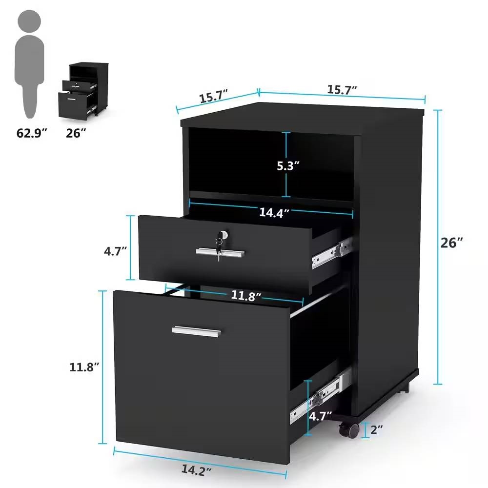 FaFurn 2-Drawer Printer Stand on Wheels - Black