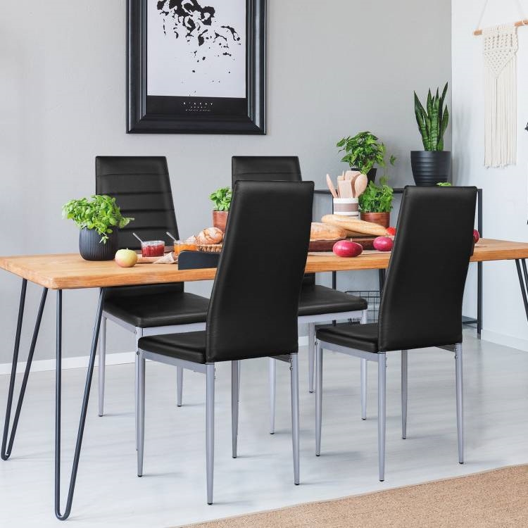 FaFurn Set of 4 Modern Dining Chairs with Metal Legs - Black, Leather