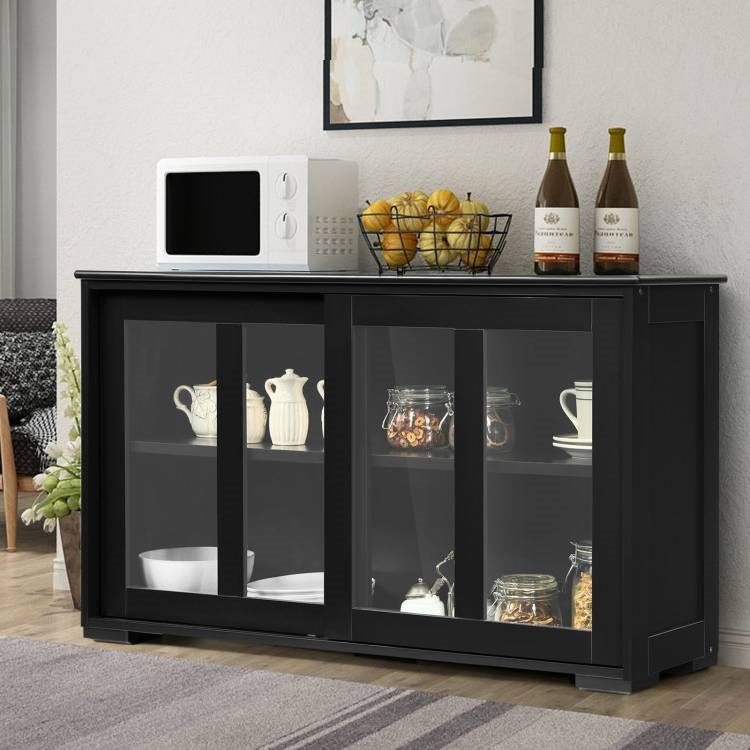 FaFurn Sideboard Buffet with Glass Sliding Door - Black, Wood