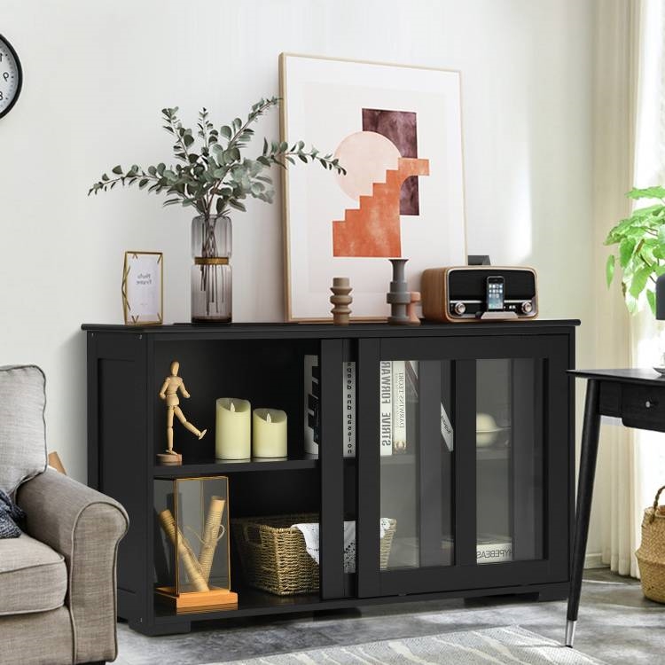 FaFurn Sideboard Buffet with Glass Sliding Door - Black, Wood