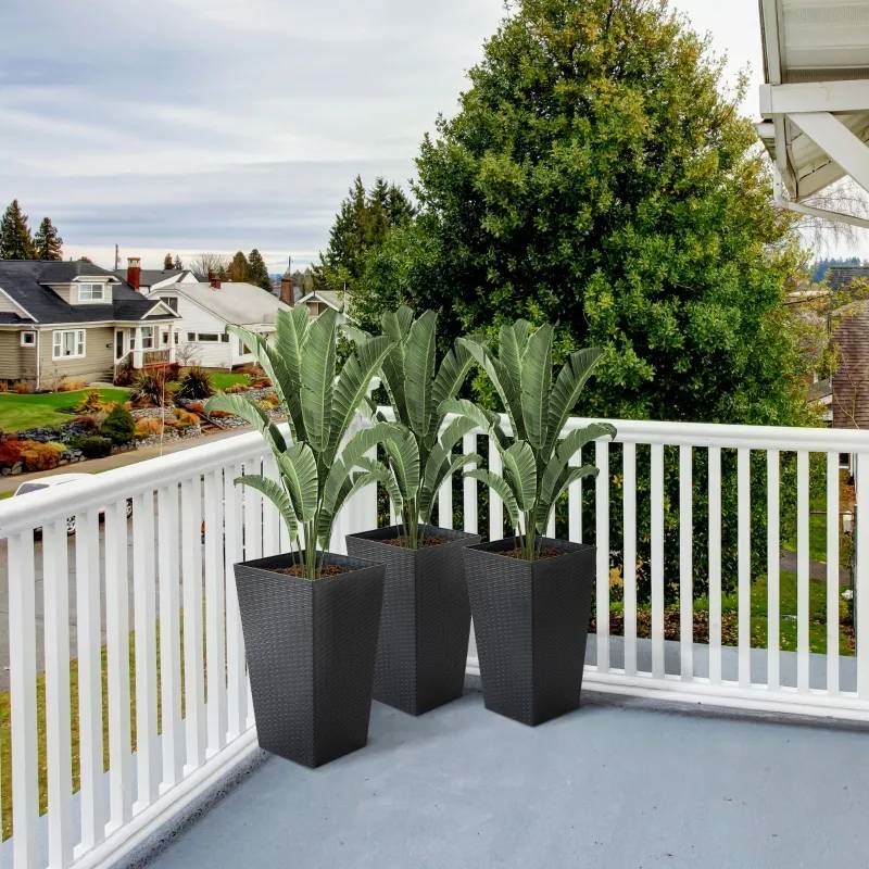 FaFurn Set of 3 Flower Pots - Black, Faux Rattan/Plastic