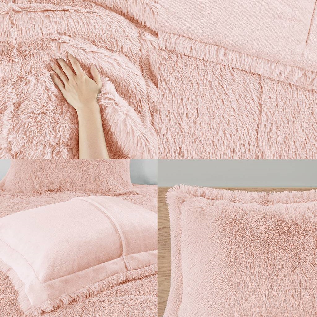 FaFurn 3-Piece Full/Queen Size Comforter Set with Pillow Shams - Pink Plush, Soft Sherpa Faux Fur