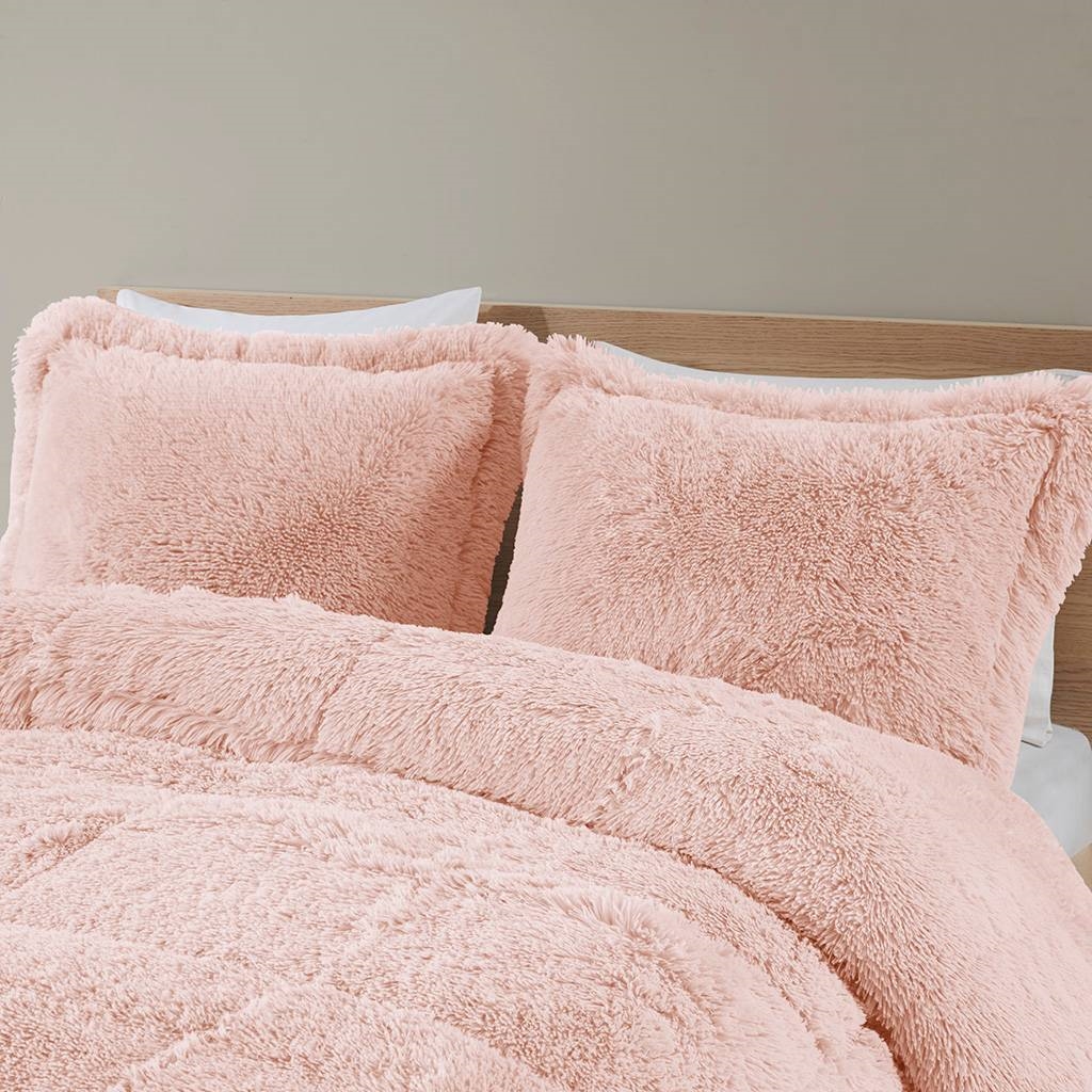 FaFurn 3-Piece Full/Queen Size Comforter Set with Pillow Shams - Pink Plush, Soft Sherpa Faux Fur