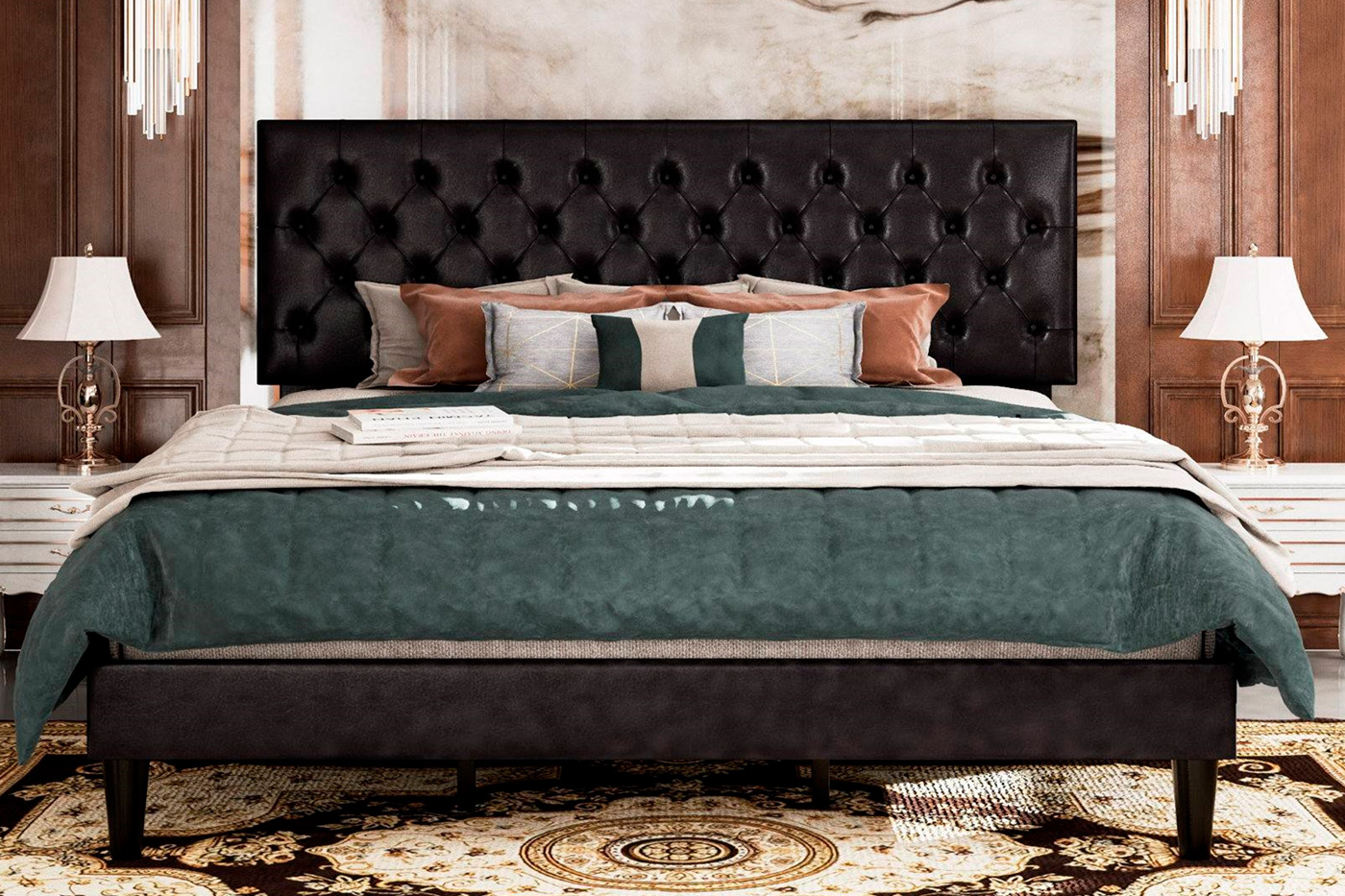 FaFurn - Platform Bed with Button-Tufted Headboard (BLUPFPB4258963)