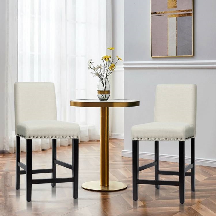 FaFurn Set of 2 Modern Barstool with Wood Legs and Linen Seat - Beige