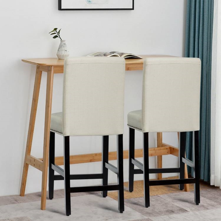 FaFurn Set of 2 Modern Barstool with Wood Legs and Linen Seat - Beige