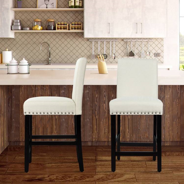 FaFurn Set of 2 Modern Barstool with Wood Legs and Linen Seat - Beige