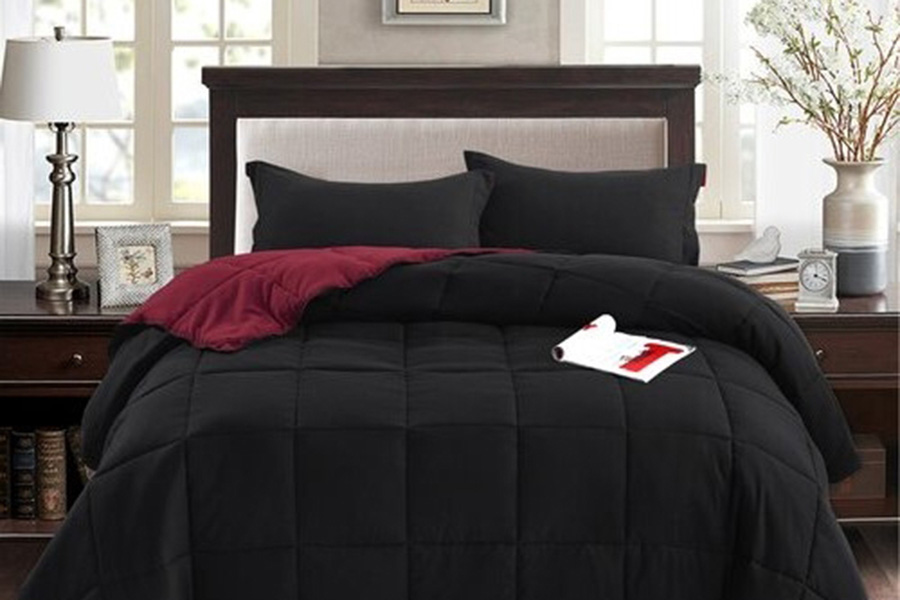 FaFurn Traditional Microfiber Reversible 3 Piece Comforter Set - Black/Maroon, Twin/Twin XL Size