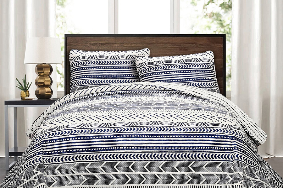 FaFurn 3 Piece Scandinavian Reversible Cotton Set - Blue/White, Full/Queen Size