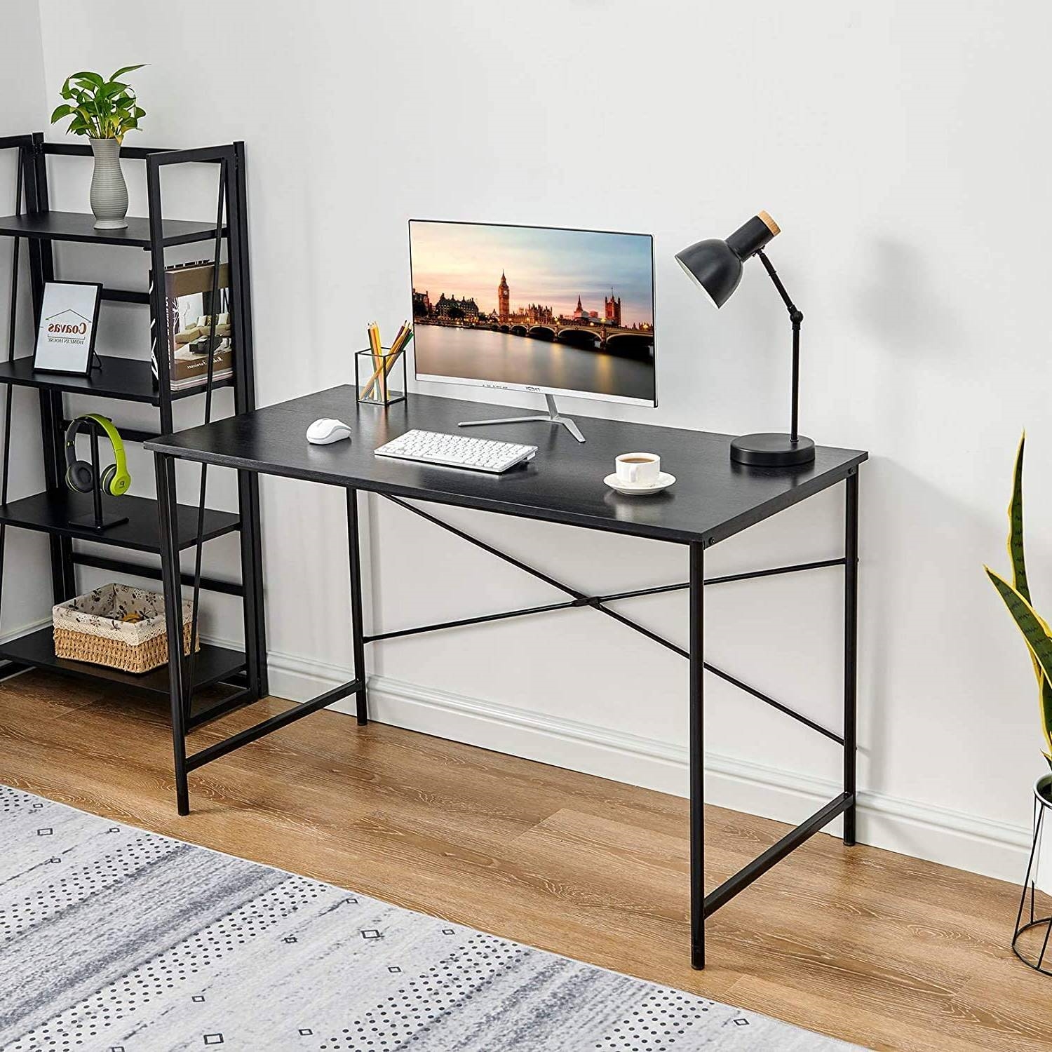 FaFurn - Modern Computer Desk with Black Metal Frame and Wood Top in Black, Metal/Wood