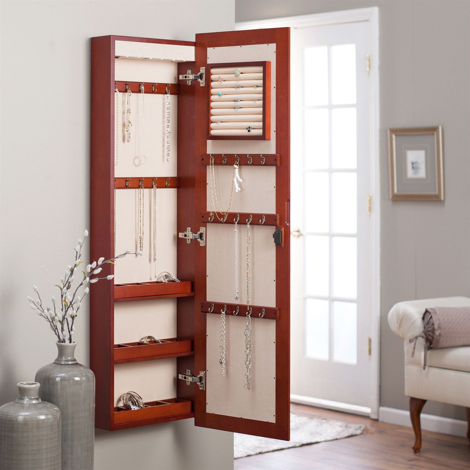 FaFurn Locking Jewelry Armoire Cabinet with Mirror - Cherry, Wood