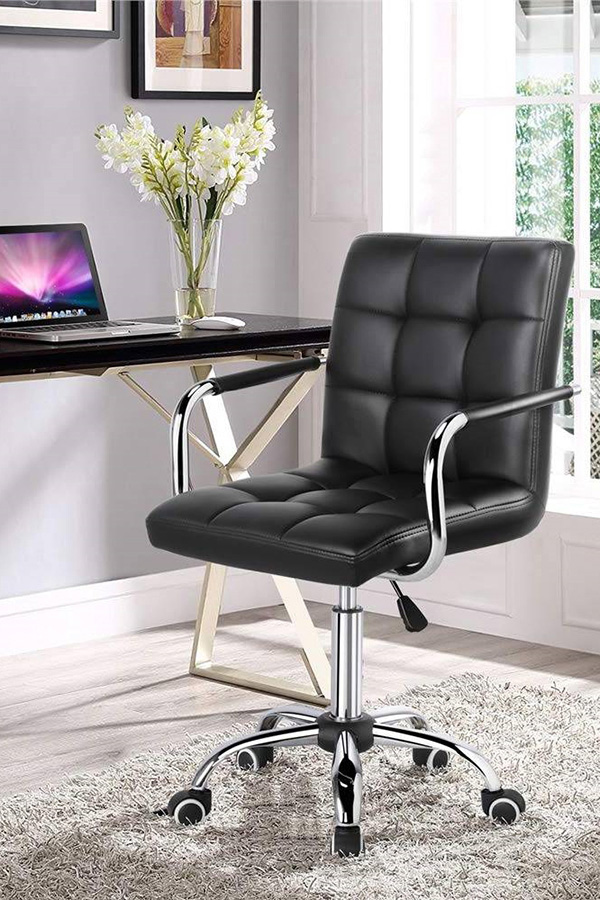 FaFurn Modern Faux Leather Mid-Back Office Chair with Armrests and Wheels - Black