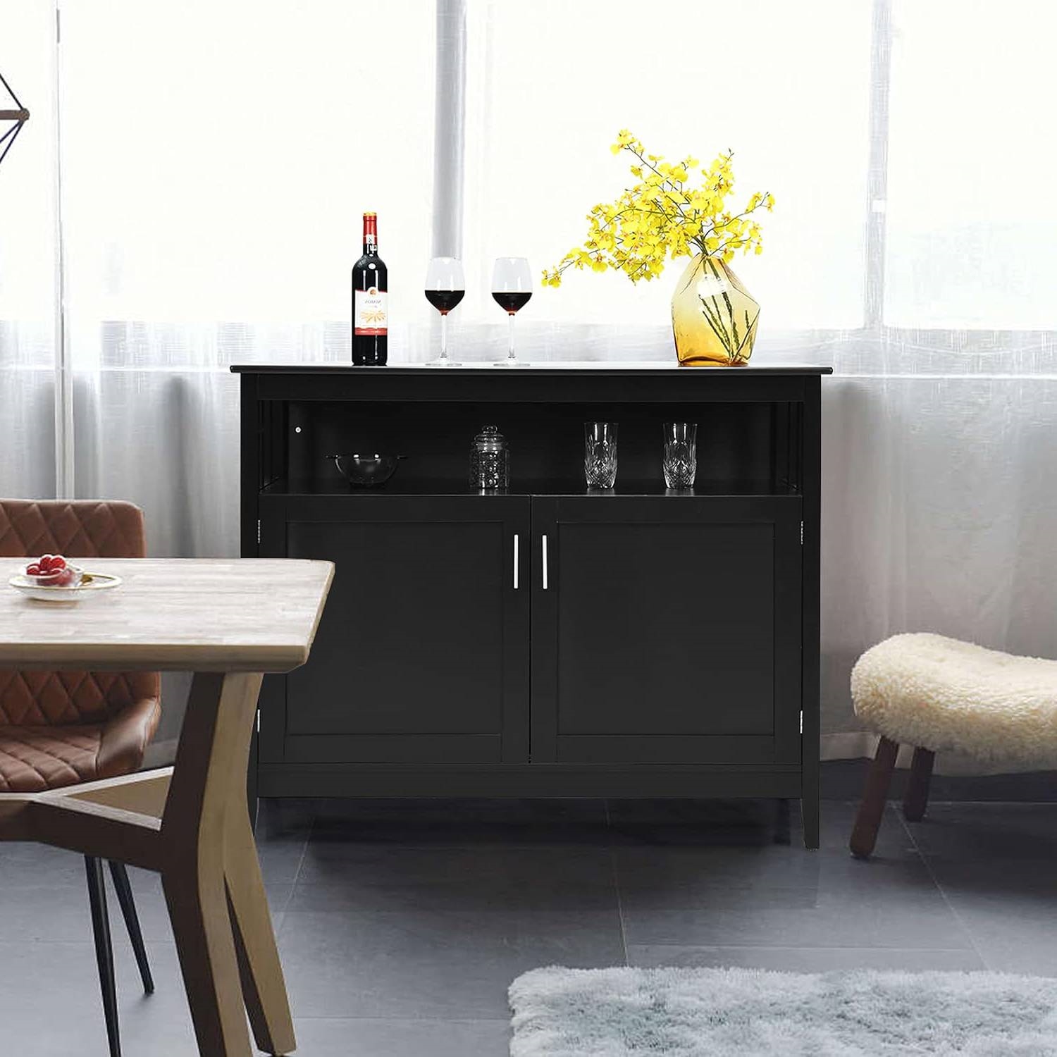 FaFurn Sideboard Buffet with Open Storage Shelf - Black, Wood