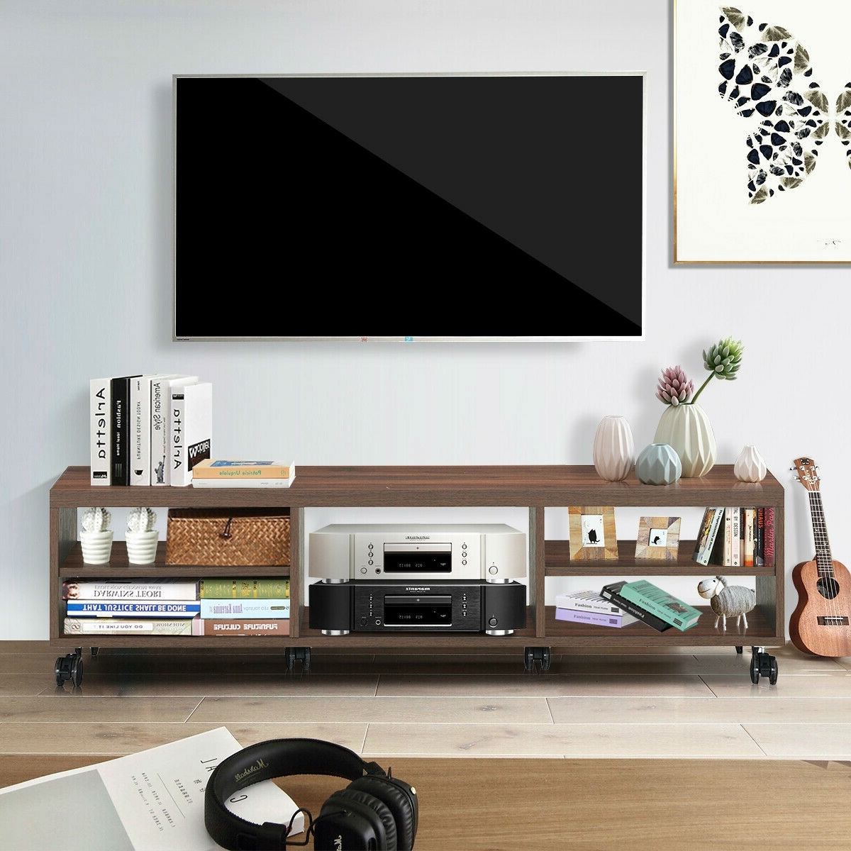 FaFurn - Modern TV Stand/Entertainment Center with 6-Wheels in Brown, Wood