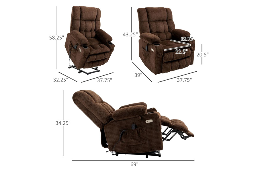 FaFurn™ - Brown Upholstered Power Lift Chair Recliner with Usb Ports, Cup Holders, Side Pockets