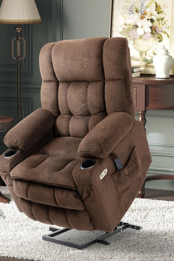 FaFurn™ - Brown Upholstered Power Lift Chair Recliner with Usb Ports, Cup Holders, Side Pockets