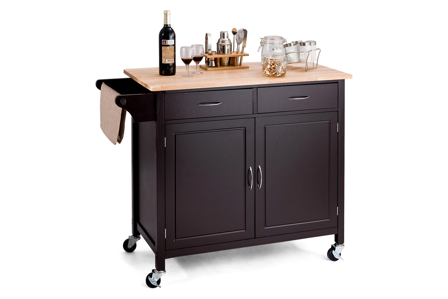 FaFurn - Kitchen Island Storage Cart with Wood Top and Casters