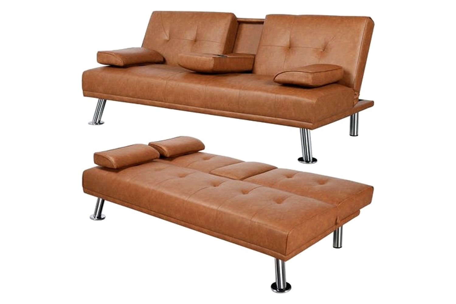 FaFurn - Faux Leather Convertible Sofa Futon with 2 Cup Holders