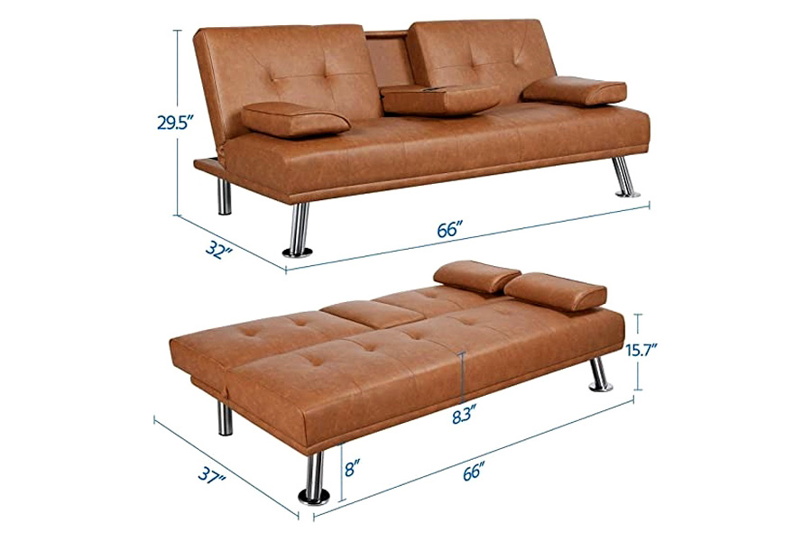 FaFurn™ Faux Leather Convertible Sofa Futon with 2 Cup Holders - Brown