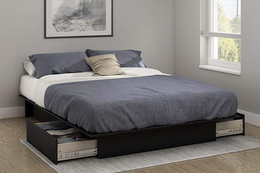 FaFurn - Queen Platform Bed Frame with 2 Storage Drawers in Black Wood Finish