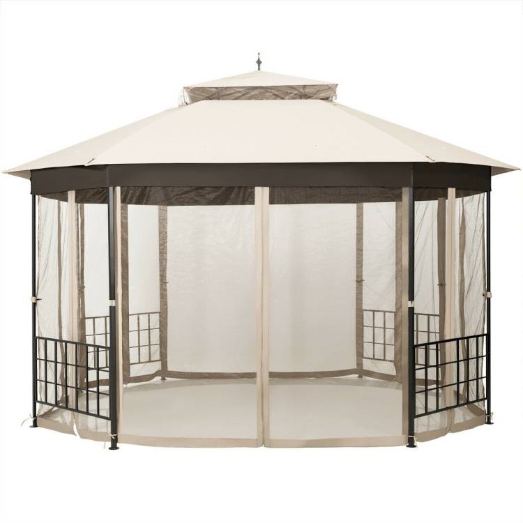 FaFurn Gazebo with Mosquito Net Sidewalls and Canopy - Beige, Metal/Polyester