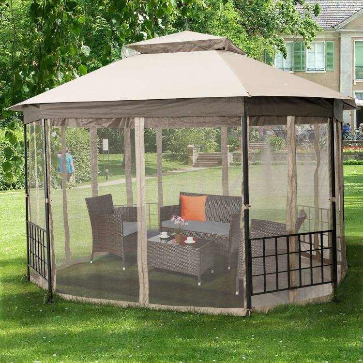 FaFurn Gazebo with Mosquito Net Sidewalls and Canopy - Beige, Metal/Polyester