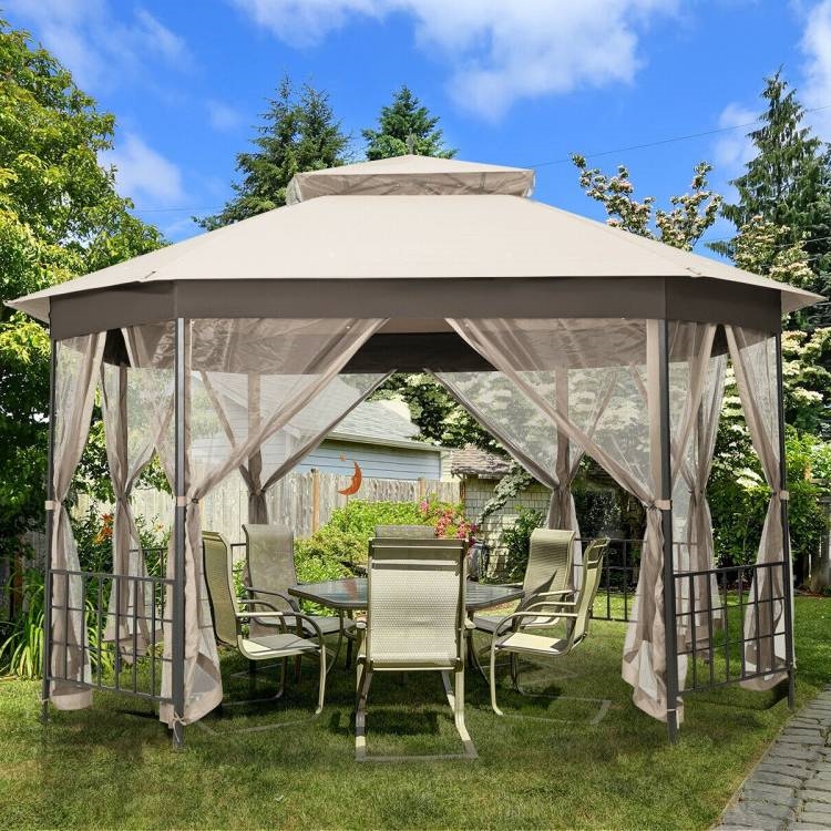 FaFurn Gazebo with Mosquito Net Sidewalls and Canopy - Beige, Metal/Polyester