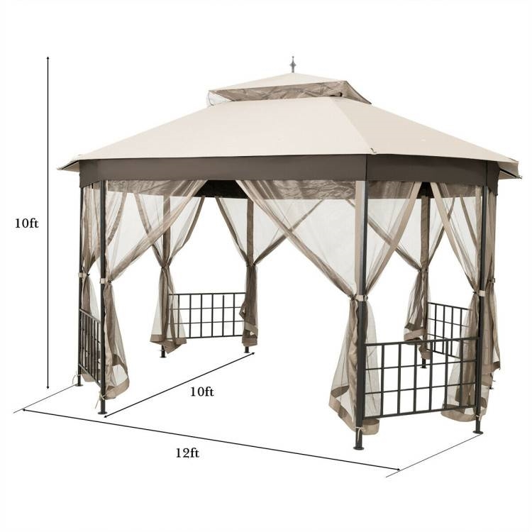 FaFurn Gazebo with Mosquito Net Sidewalls and Canopy - Beige, Metal/Polyester