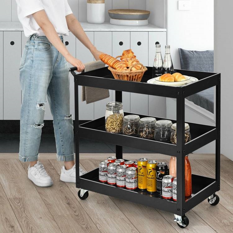 FaFurn Serving Utility Cart with 2 Bottom Shelves - Black, Steel